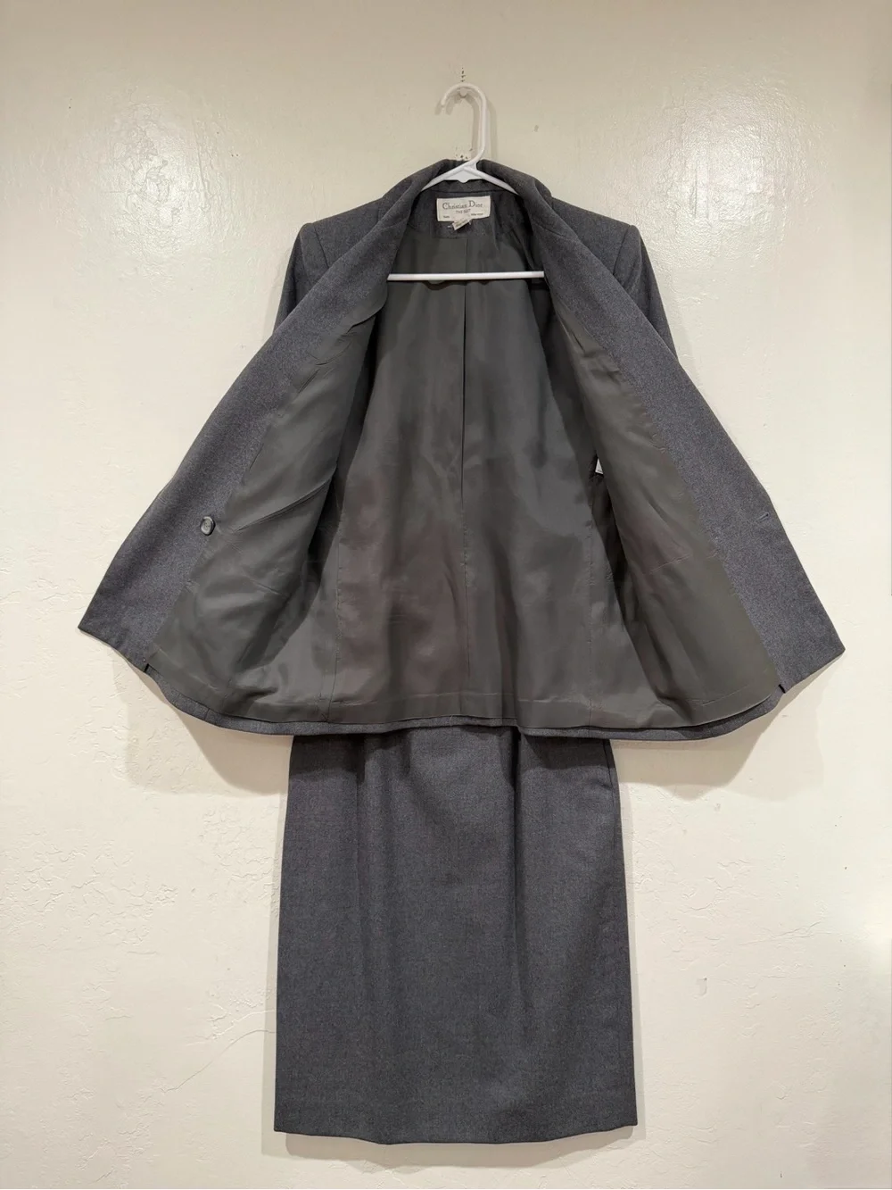 Christian Dior The Suit Vintage Gray Pure Wool Blazer Pencil Skirt Set Size 6 US